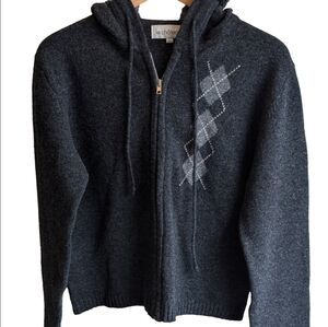 Vintage charcoal wool zipper cardigan hoodie argyle faux fur sz M/L